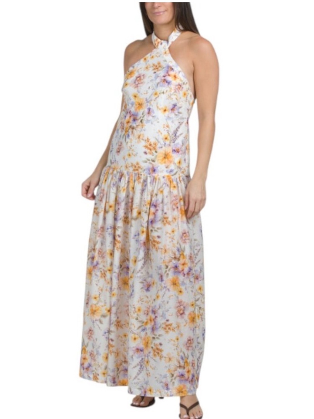 Aqua Blu White Floral Halter Maxi Dress with Yellow and Lavender Blooms